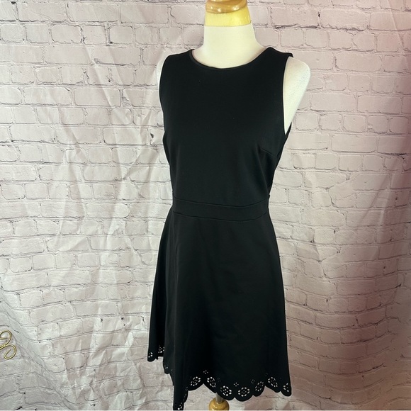 LOFT ann taylor Black Sleeveless Fit & Flare Mini Dress sz 8 cutout lace pattern - Picture 1 of 8